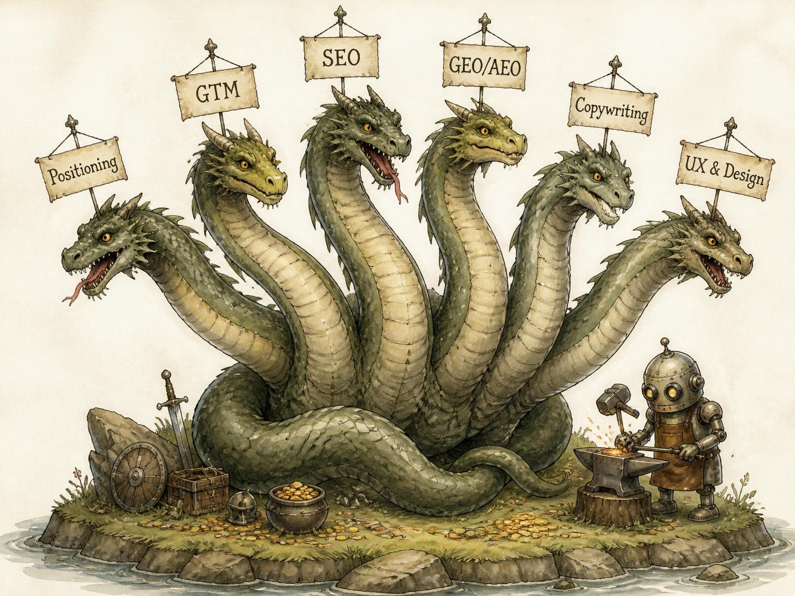 Six-headed hydra, each head labeled with a discipline: Positioning, GTM, SEO, GEO/AEO, Copywriting, UX & Design