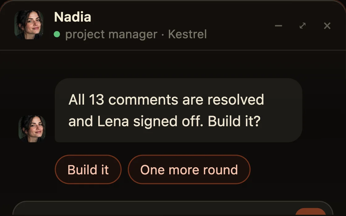 Nadia asking whether to build after sign-off
