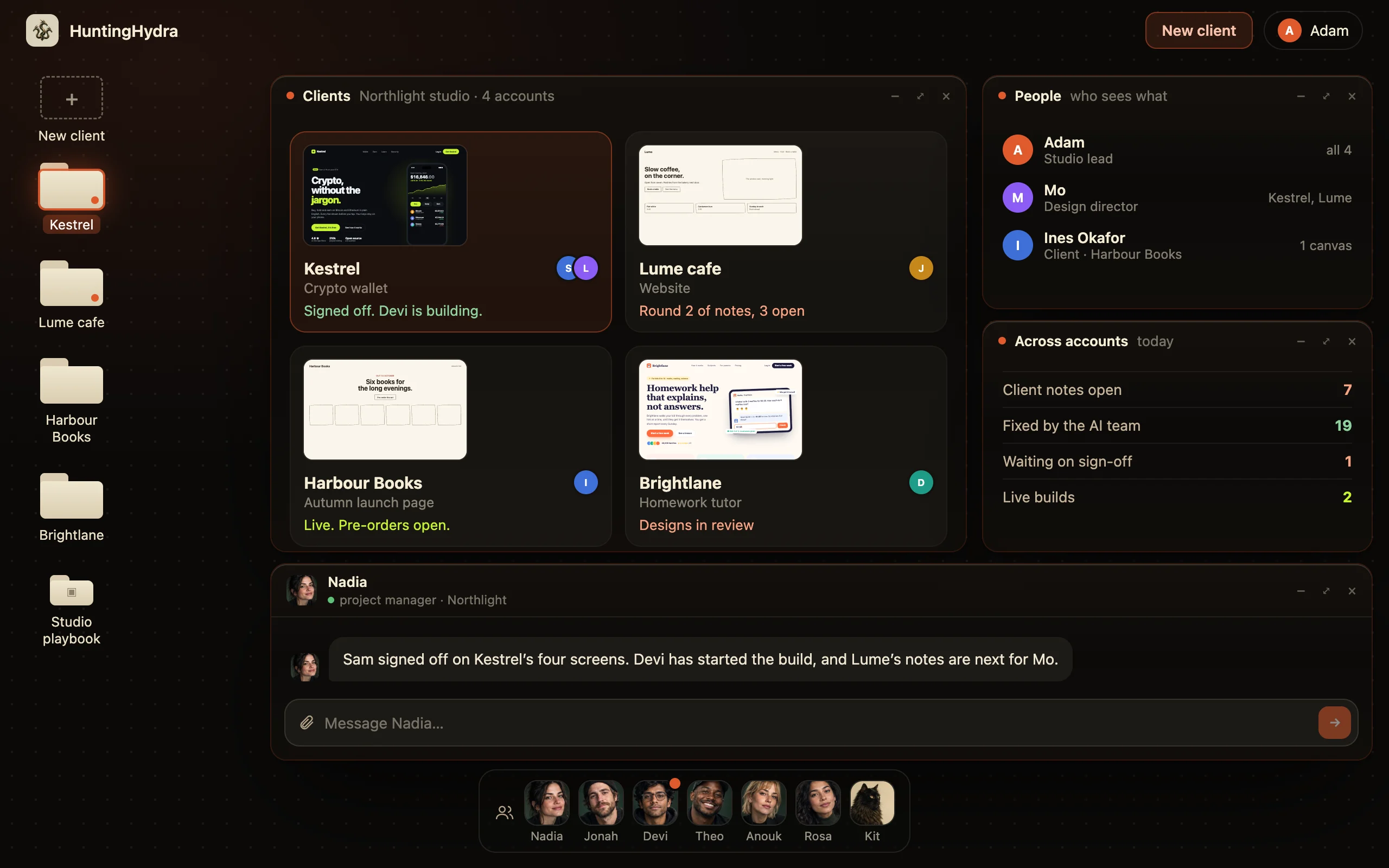 A studio’s desktop with a canvas per client, who sees what, and the day across accounts