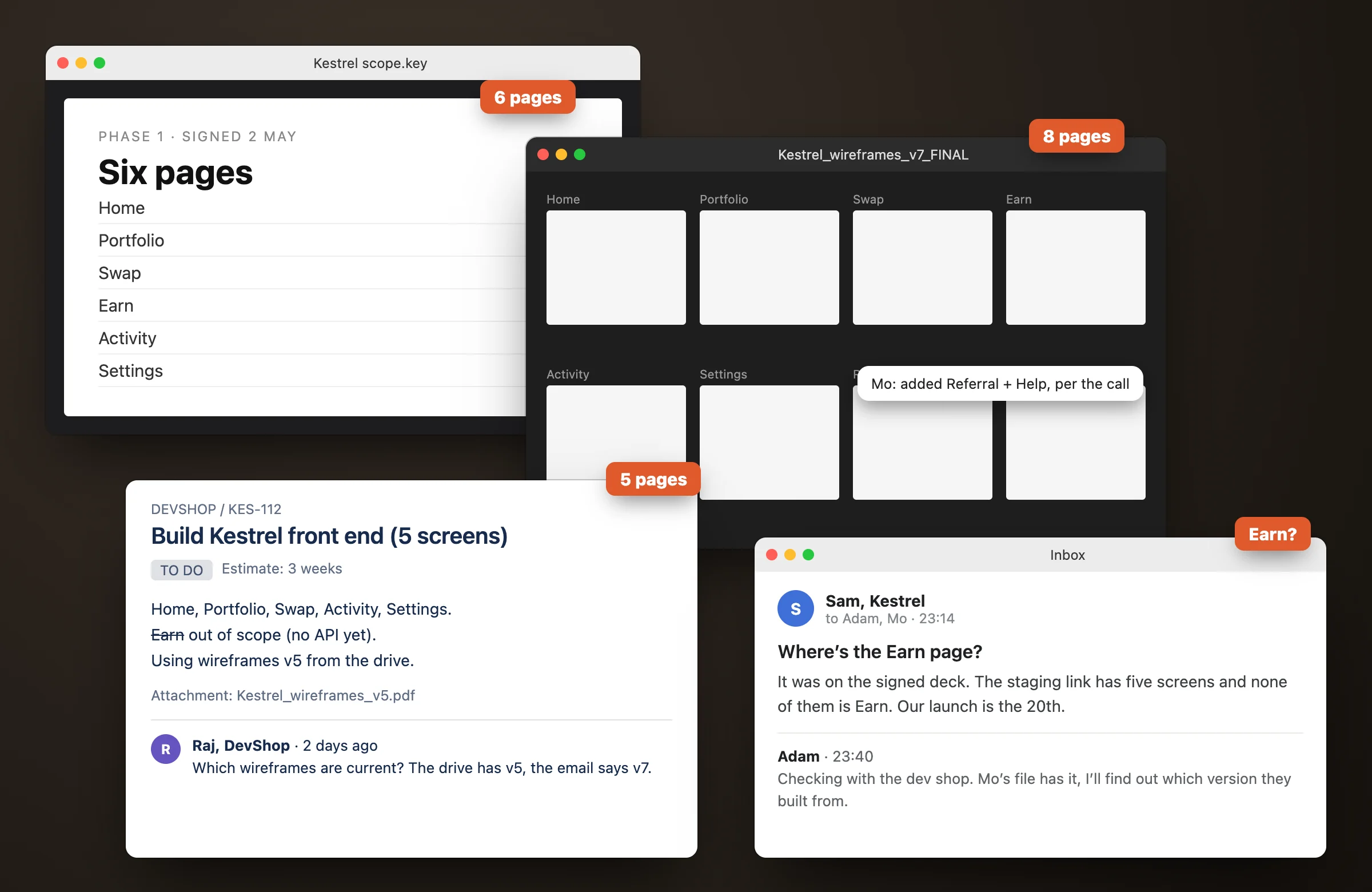 One scope decided four ways: a signed deck with six pages, a wireframe file with eight, a dev shop ticket with five, and the client asking where a page went