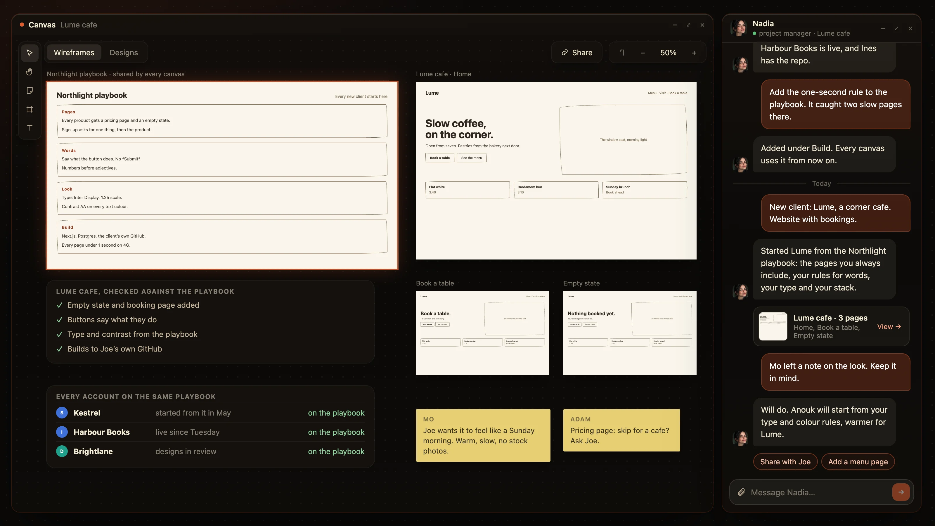 The studio playbook on the canvas starting a new client, with the new pages checked against it