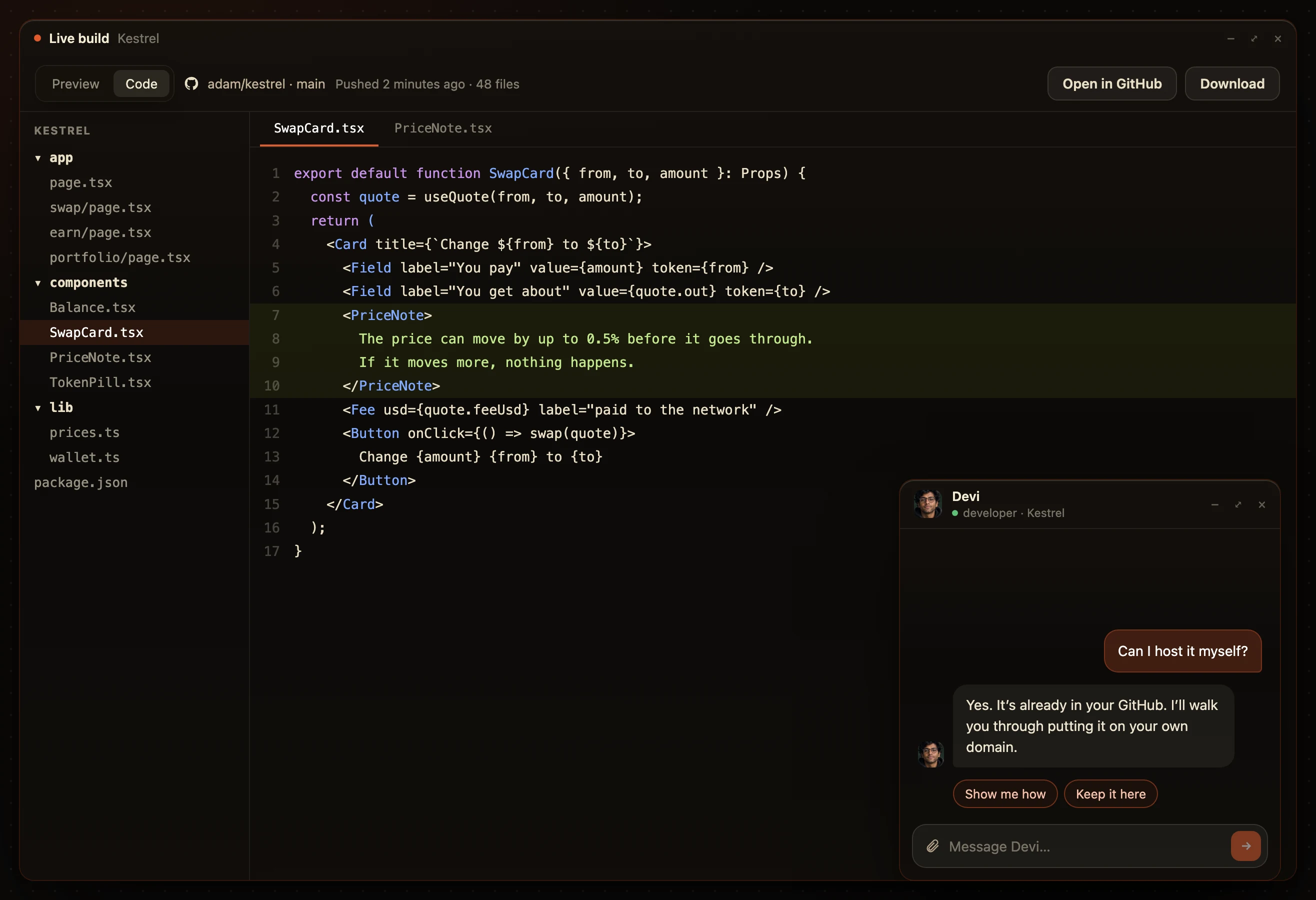 The code view: Kestrel’s source, pushed to GitHub
