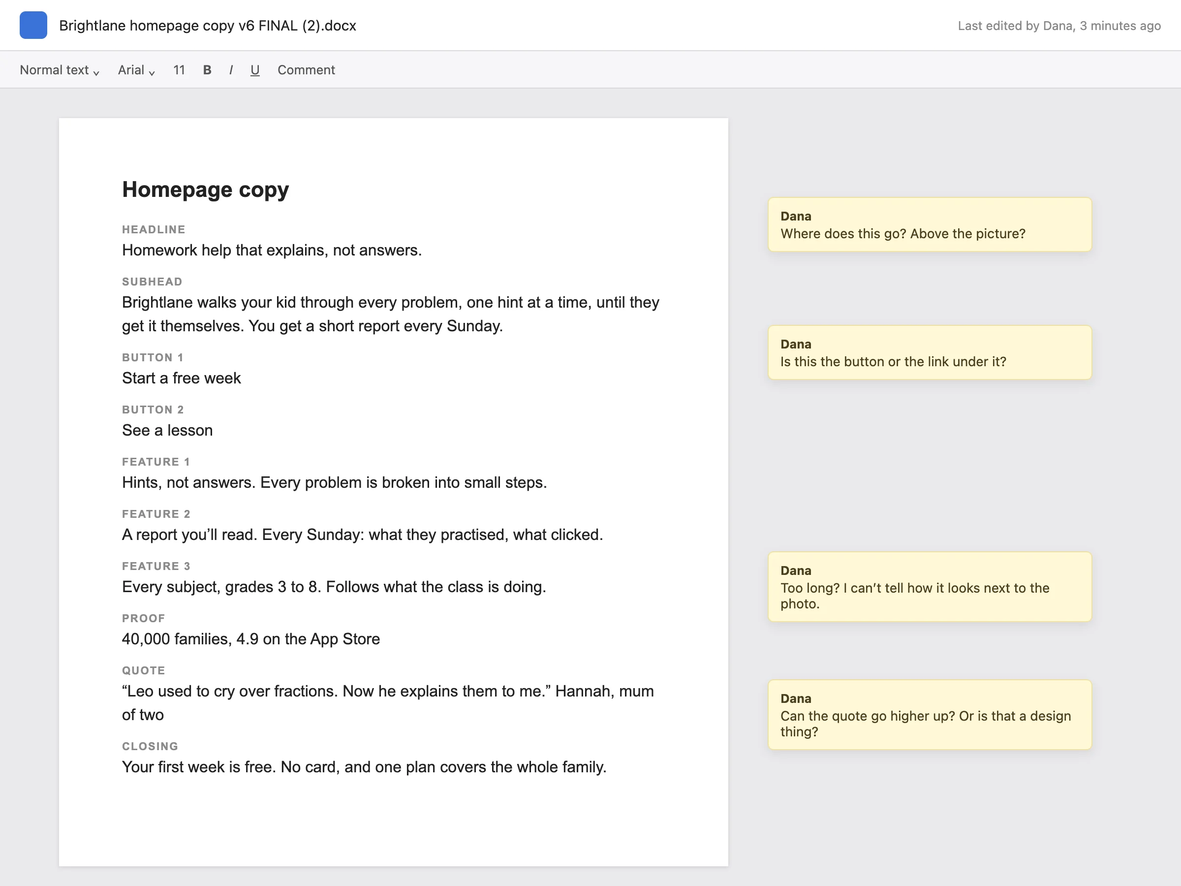 The Brightlane homepage copy in a doc, with the client asking in the margin where each line goes