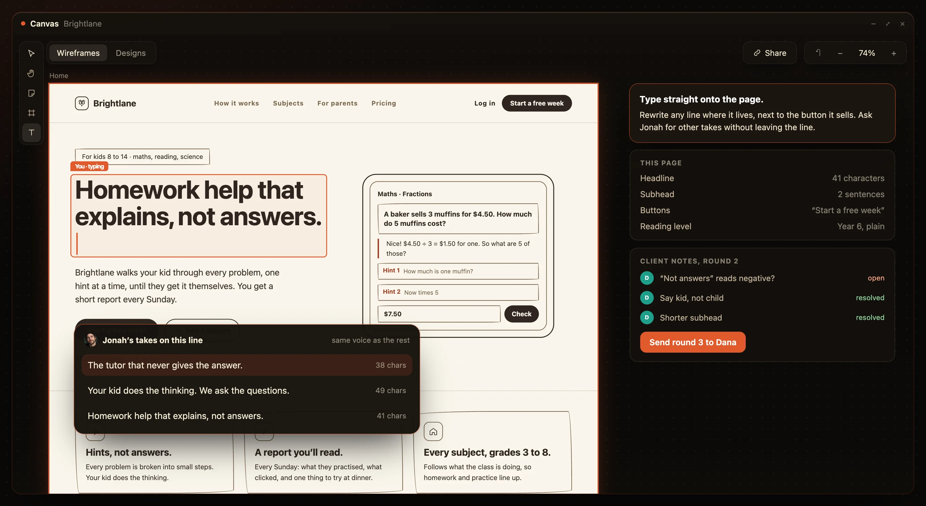 Alex retypes the Brightlane headline on the page, with Jonah’s takes she asked for and the client’s notes for the next round