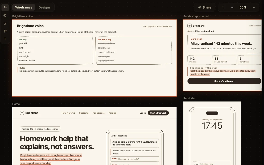Landing pages, emails and whole sites, on the canvas