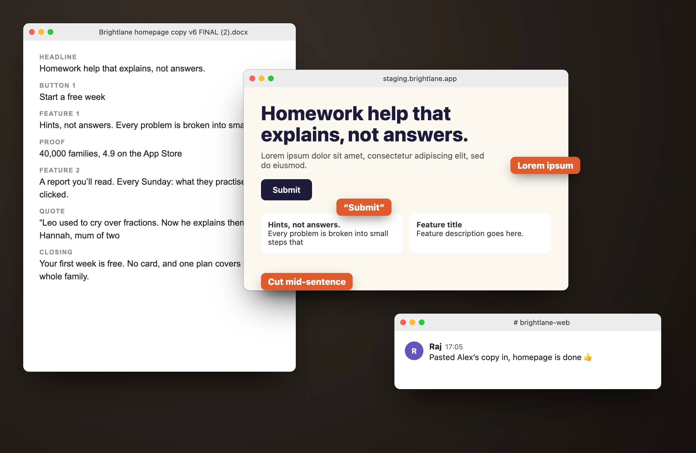 The copy doc next to the staging page: lorem ipsum subhead, a Submit button and a line cut mid-sentence