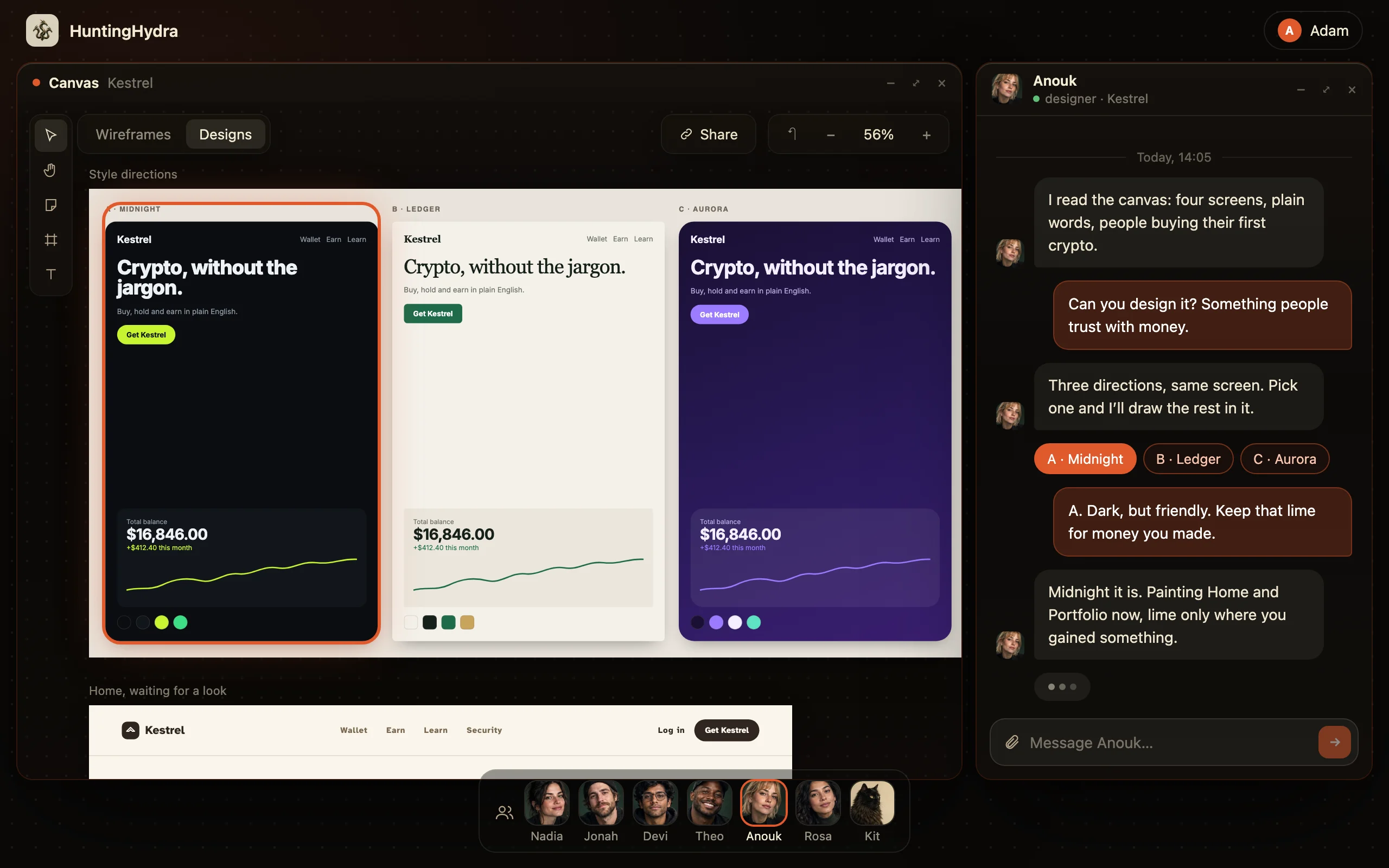 Anouk offers three design directions for the same Kestrel screen, and the pick in her chat