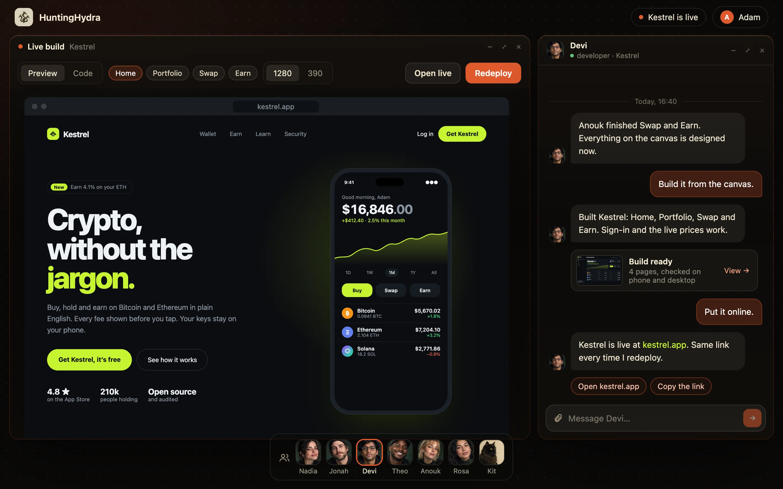 Devi builds Kestrel from the canvas and puts it online at kestrel.app