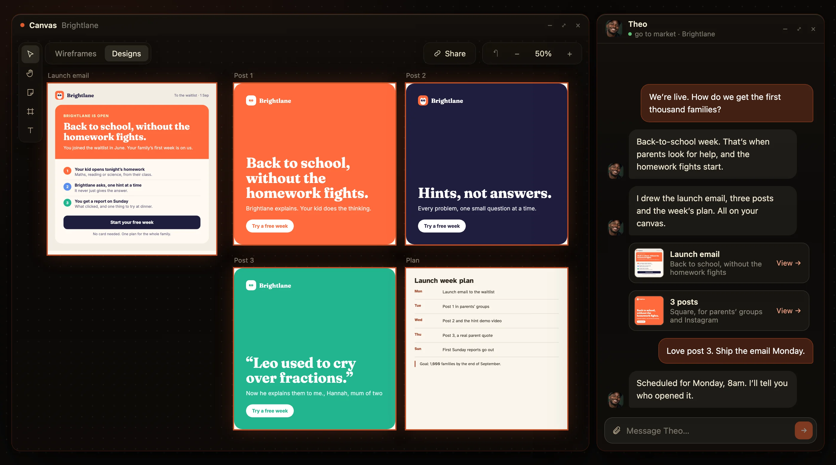 Theo’s back-to-school launch for Brightlane: an email, three posts and the week’s plan