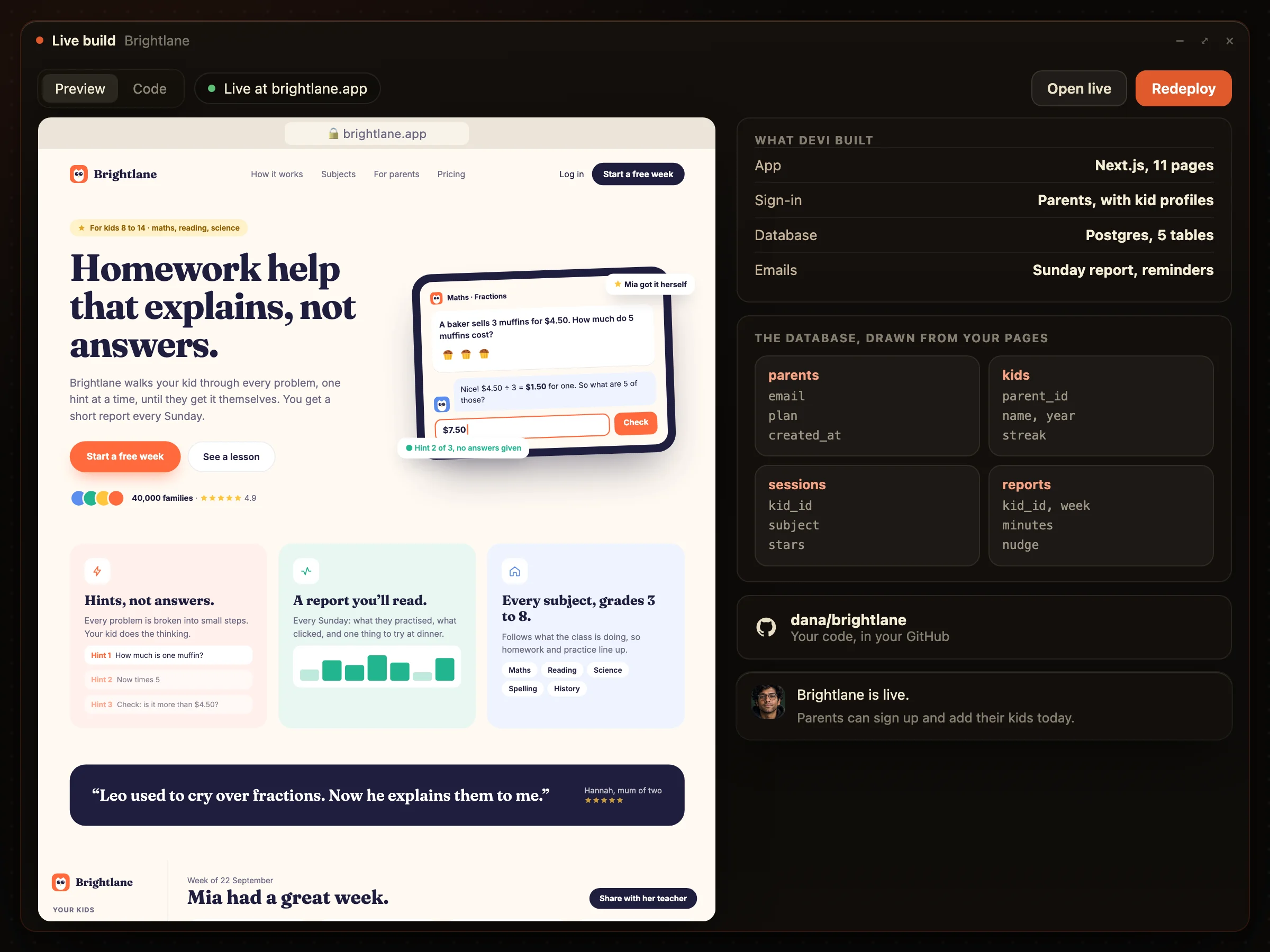 Brightlane live at brightlane.app, with the database drawn from its pages