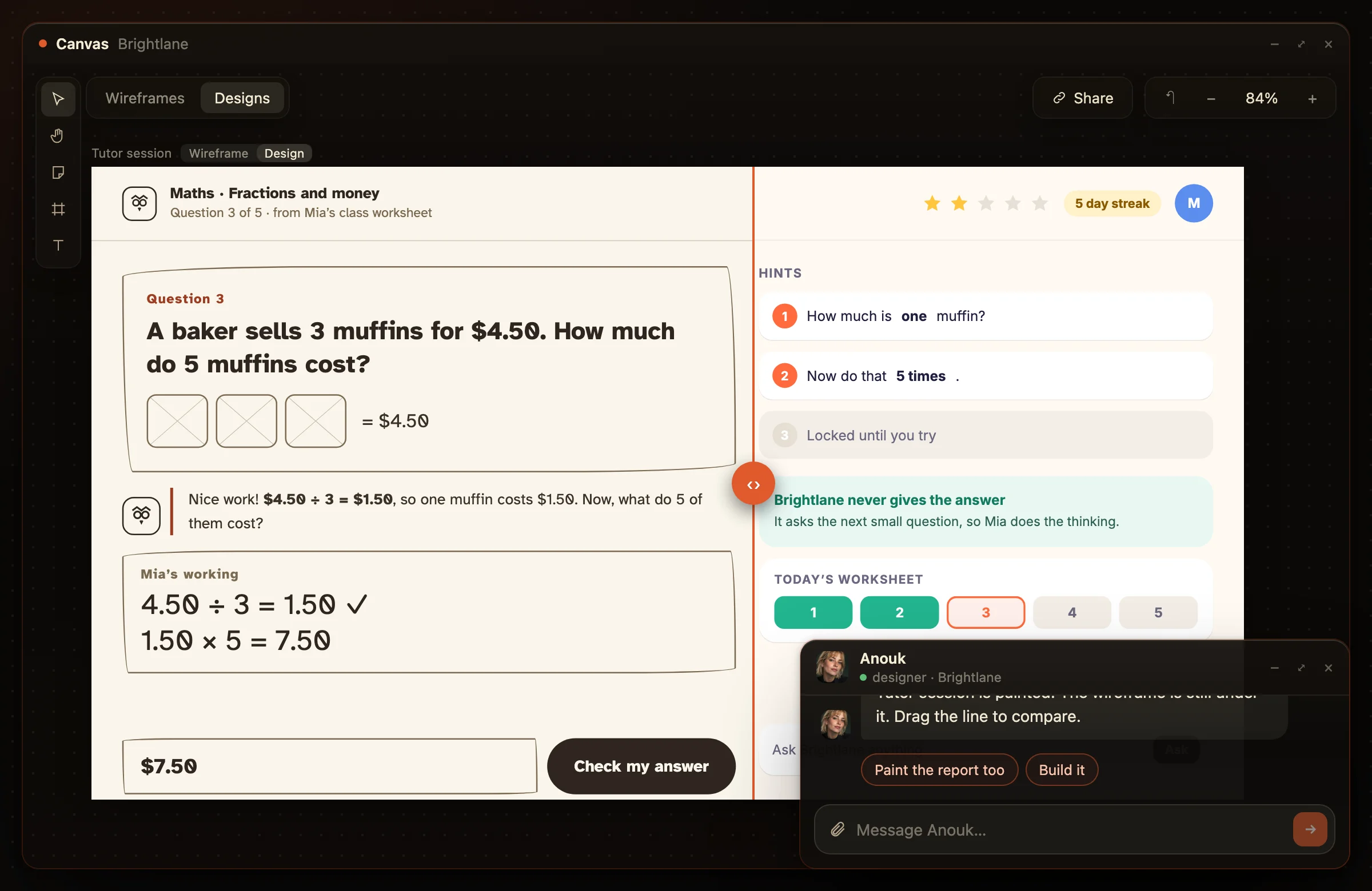 The Brightlane tutor screen designed, with its wireframe underneath on a slider