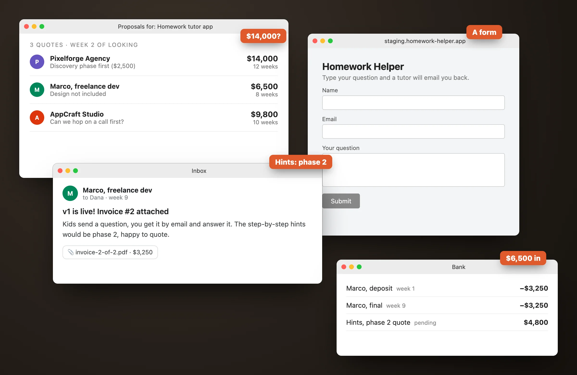 Three freelancer quotes, a delivered form instead of a tutor, and the payments that went out for it