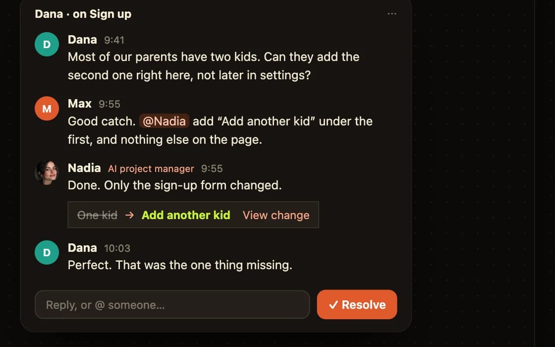 The client’s note thread on the sign-up page
