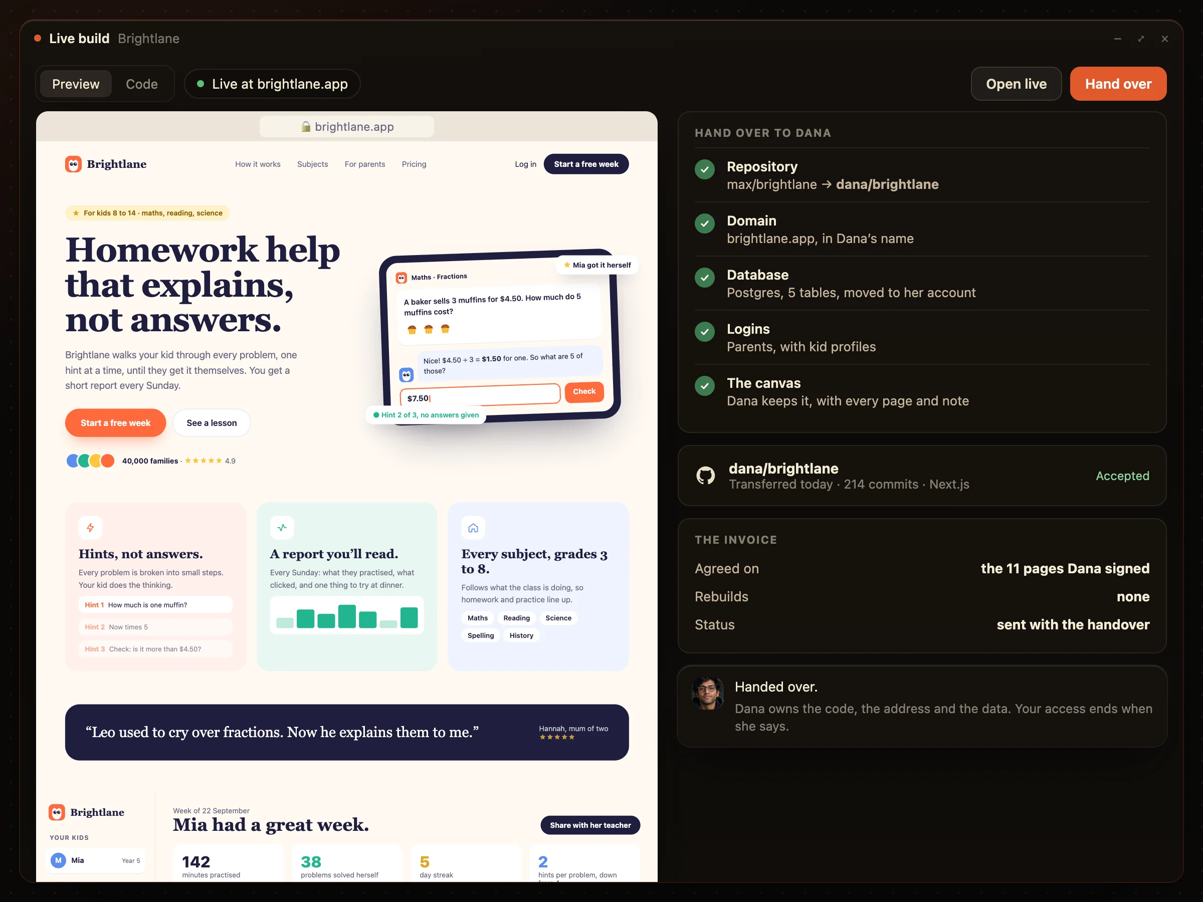 The handover: the repo, domain and database move to the client, with Brightlane live at its address