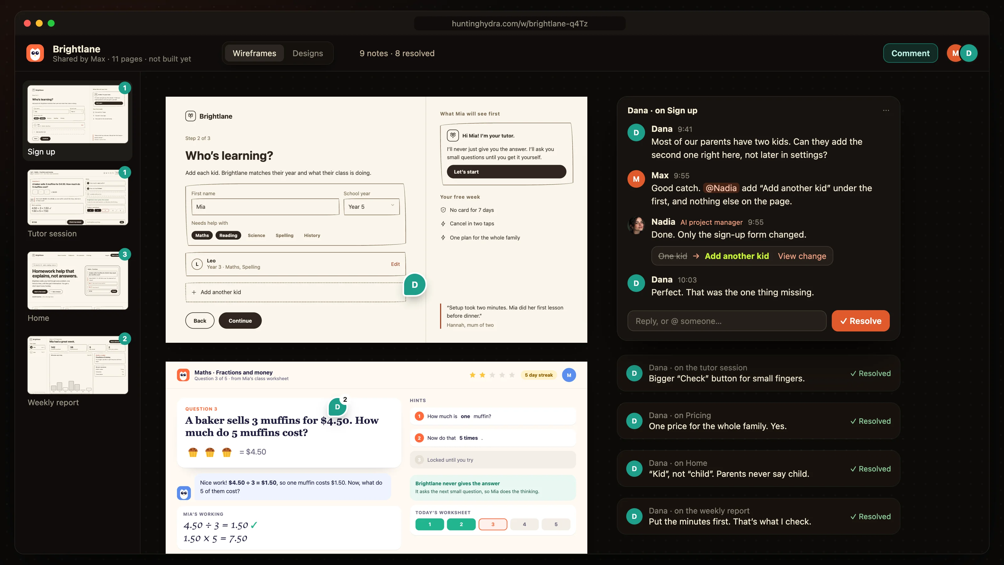 Dana comments on the Brightlane sign-up page from a link; Max sends the change to Nadia and only the form changes
