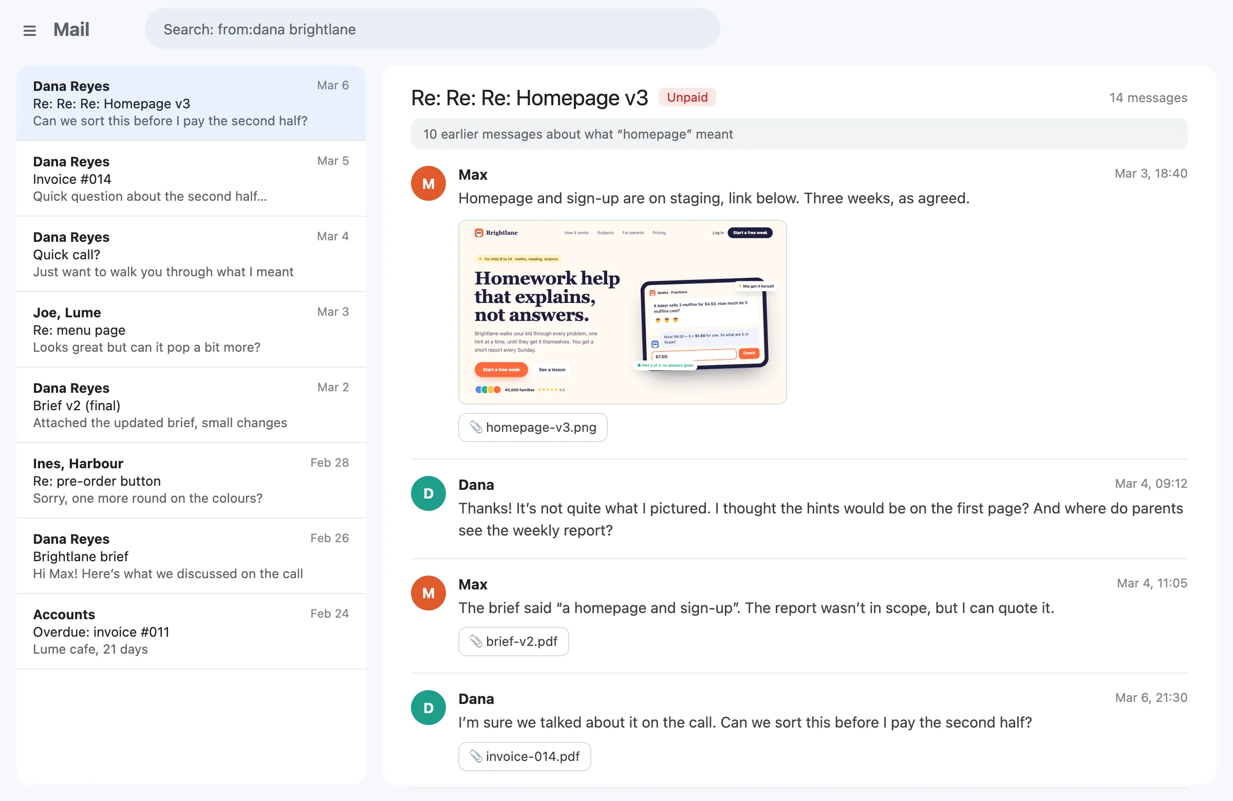 A fourteen-message email thread between a freelancer and a client about what “homepage” meant, ending at an unpaid invoice