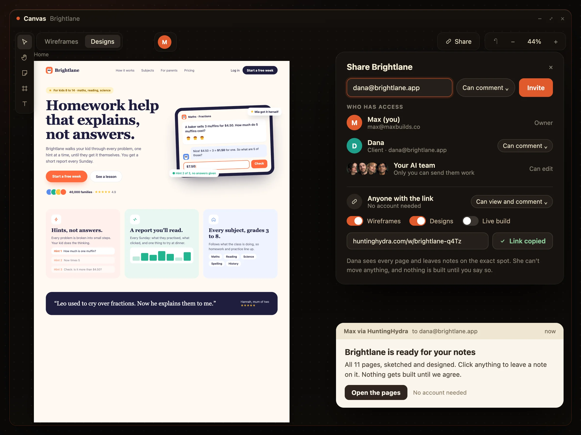 Sharing Brightlane with the client: she can view and comment from a link, and nothing is built until the freelancer says