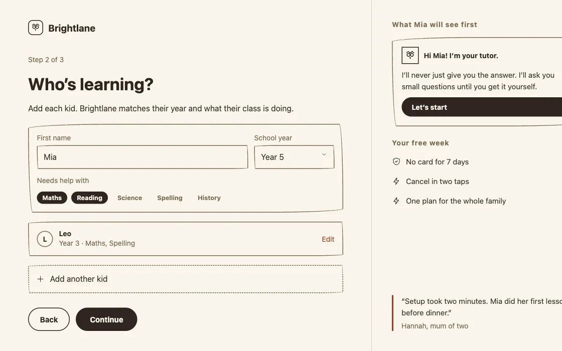 Brightlane sign-up page, as a board