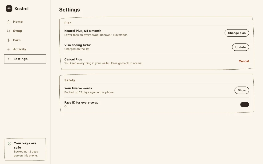 Kestrel settings and billing, as a board