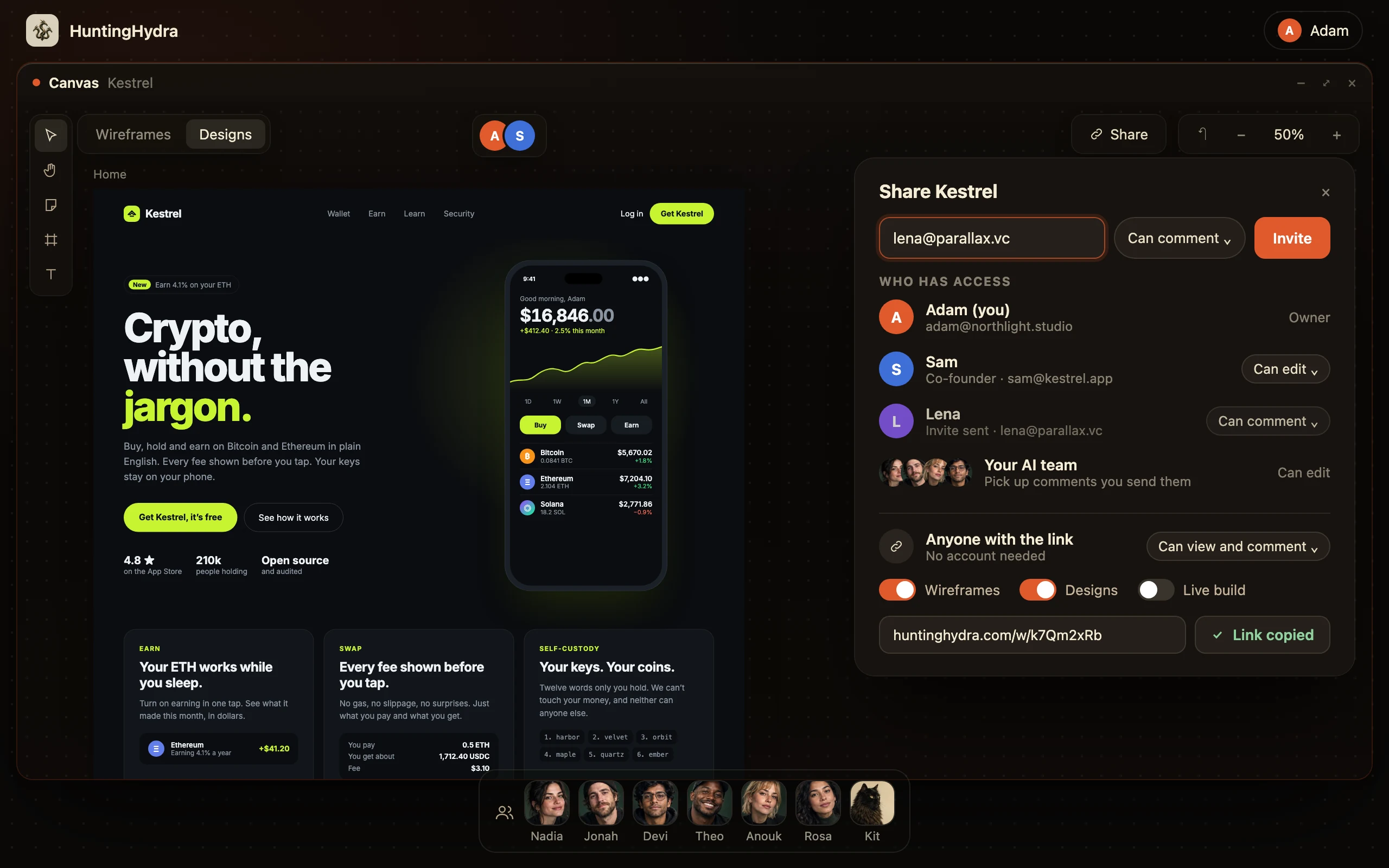 Sharing a project: roles for each person and a link anyone can comment on