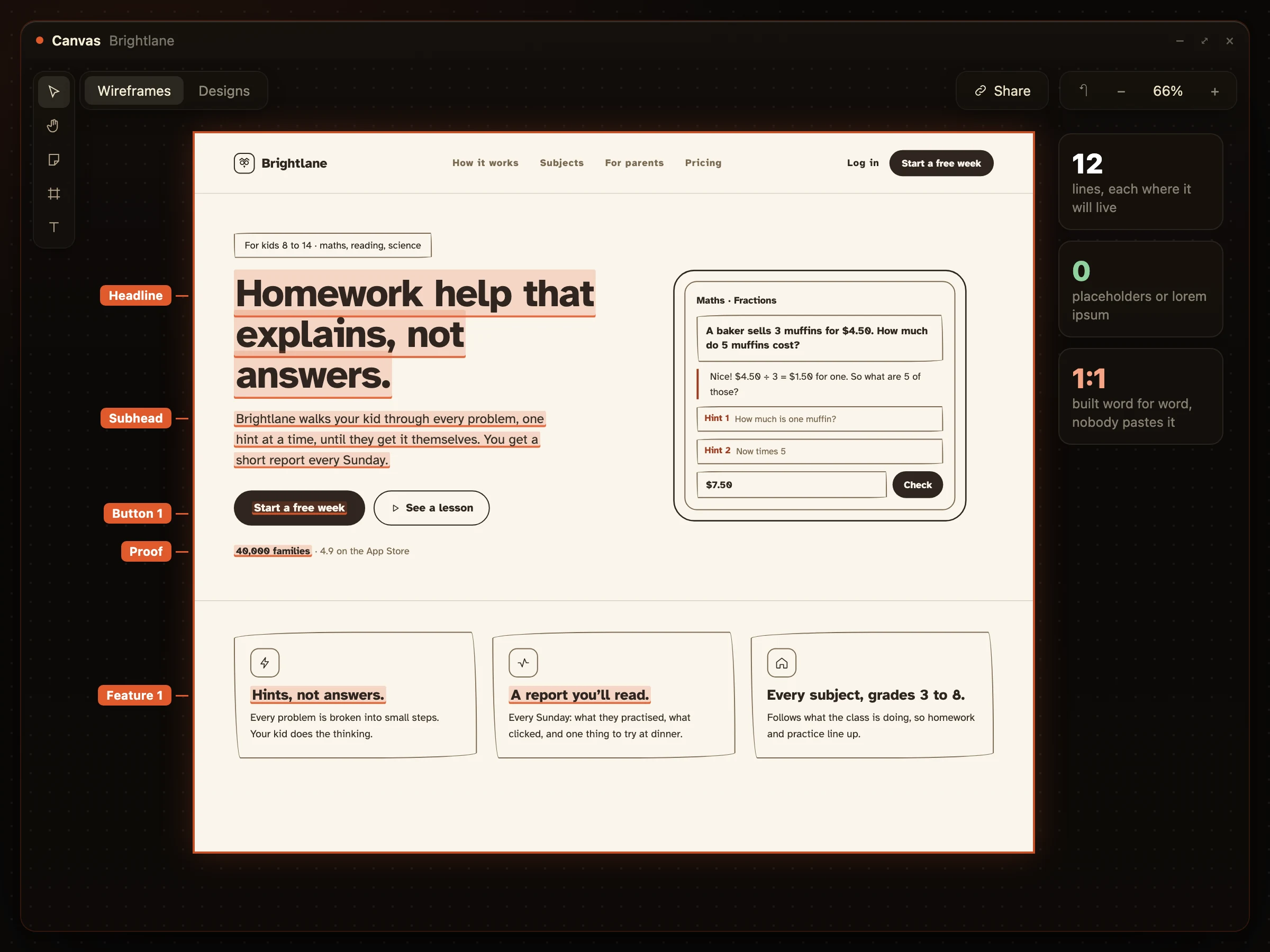 Brightlane’s homepage copy on the wireframe, each line labelled where it lives