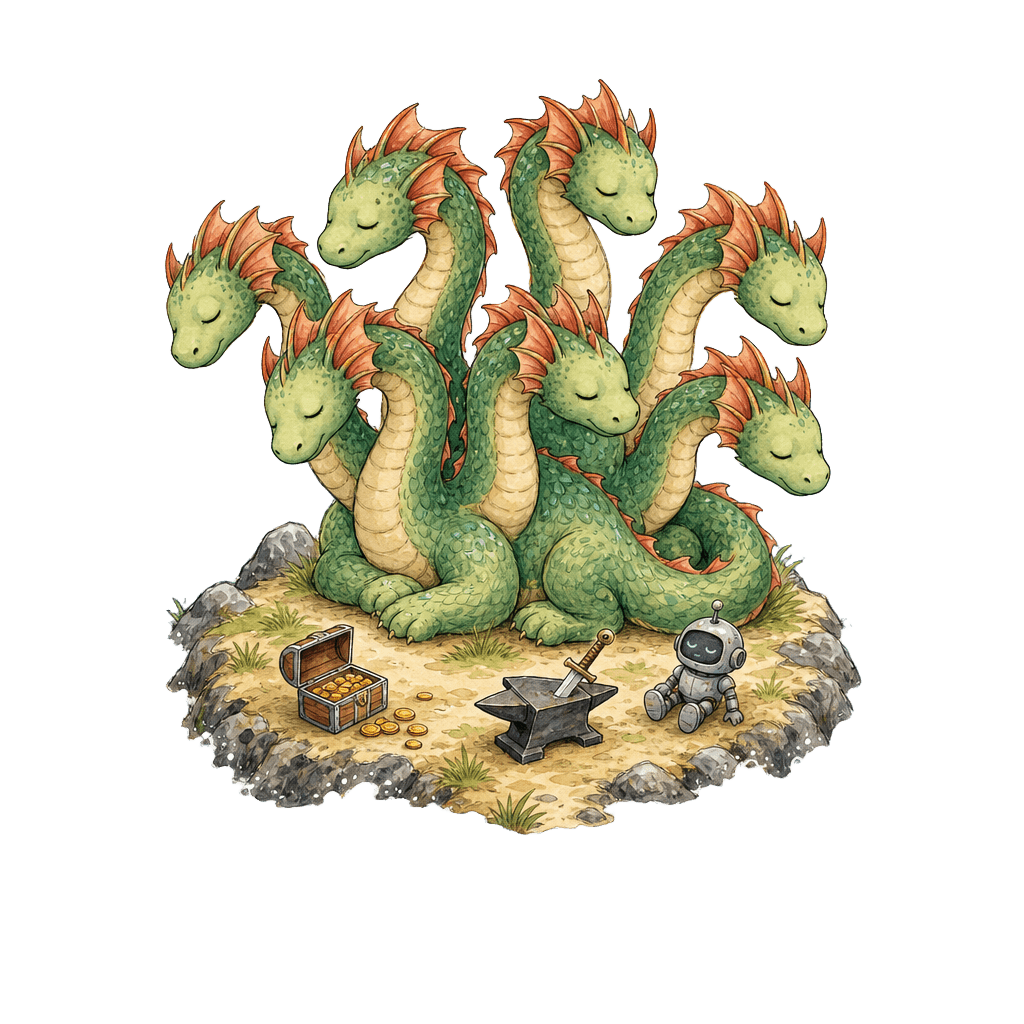 Six-headed hydra sleeping peacefully after the sprint