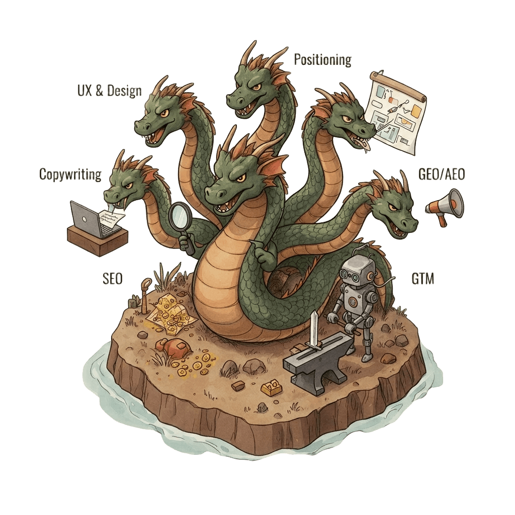 Six-headed hydra, each head labeled: Positioning, GEO/AEO, GTM, Copywriting, UX & Design, SEO