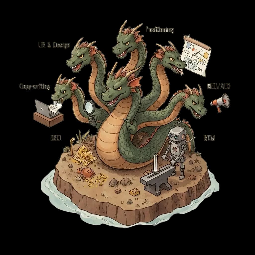 Six-headed hydra, each head labeled: Positioning, GEO/AEO, GTM, Copywriting, UX & Design, SEO