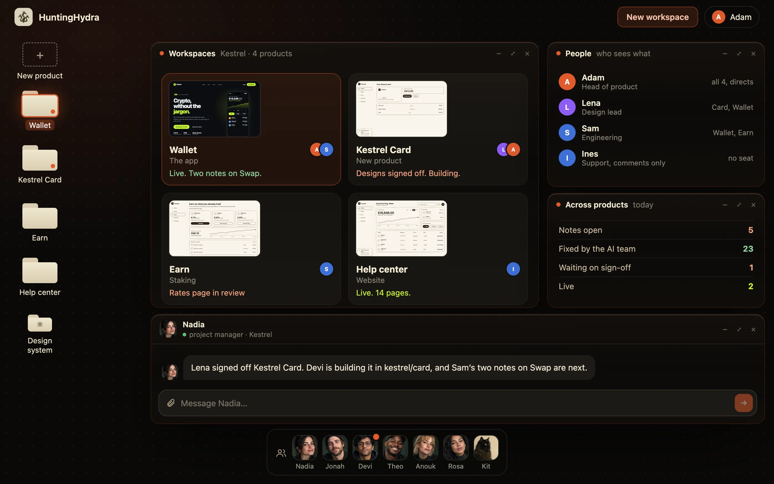 Kestrel’s workspaces, one per product, with who sees what and the day across products