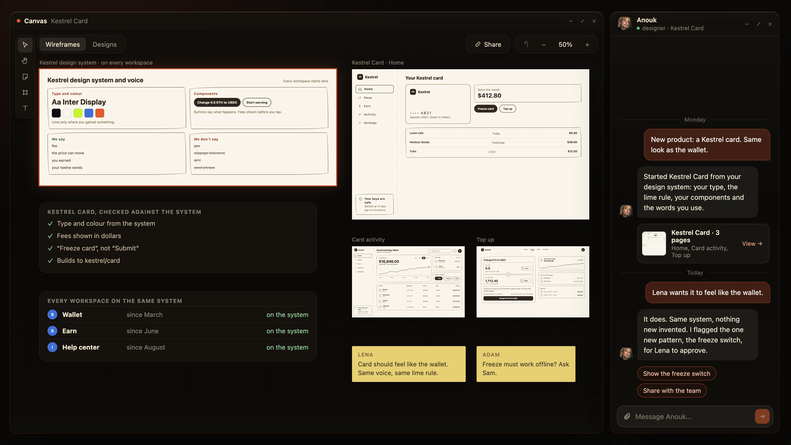 Kestrel’s design system and voice starting a new product, with every workspace on the same system