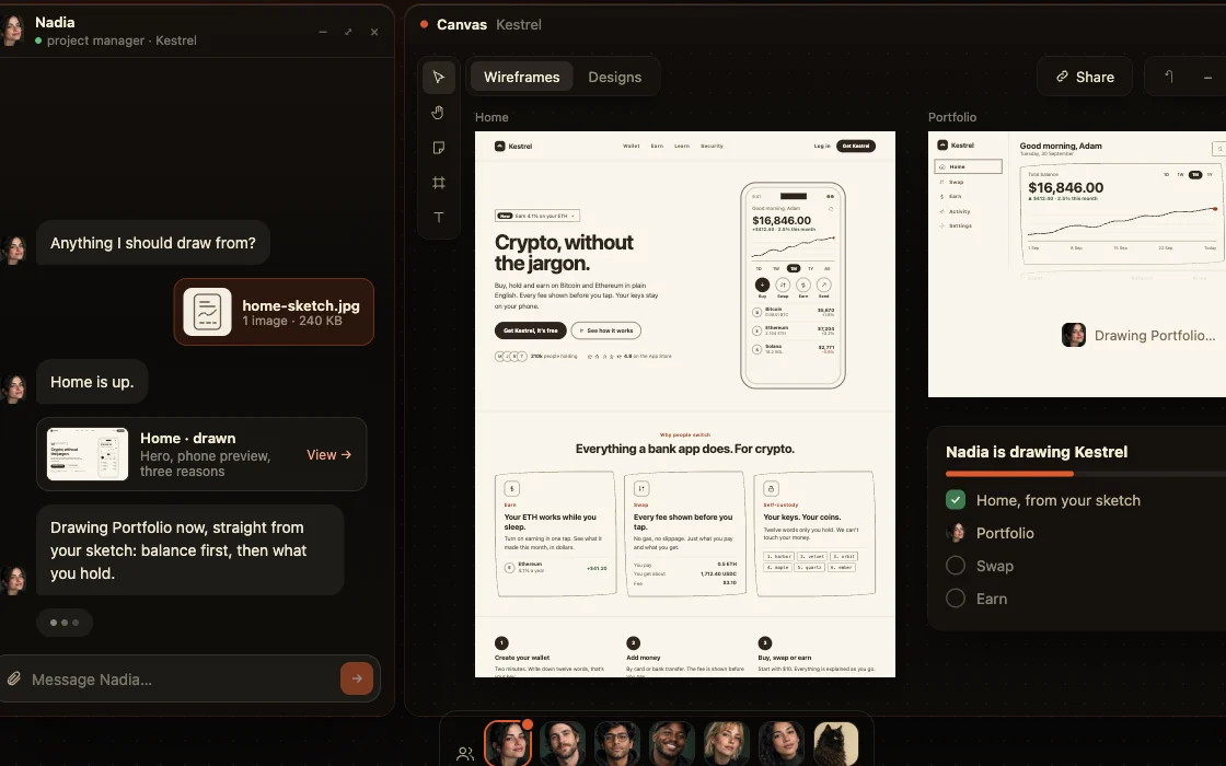 Wireframes from a written spec, on the canvas