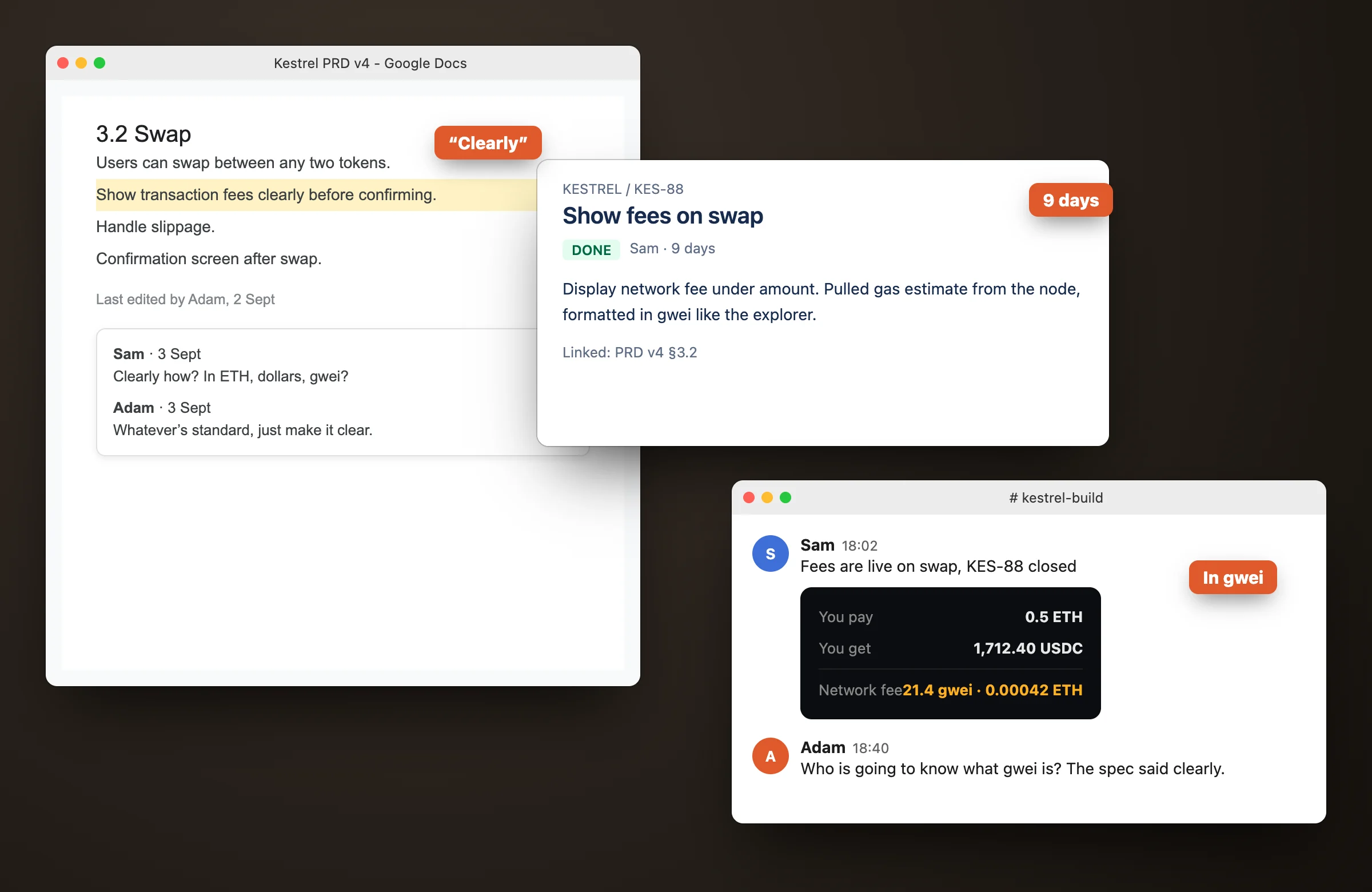 A PRD line asking to show fees clearly, a ticket closed nine days later, and the build showing the fee in gwei