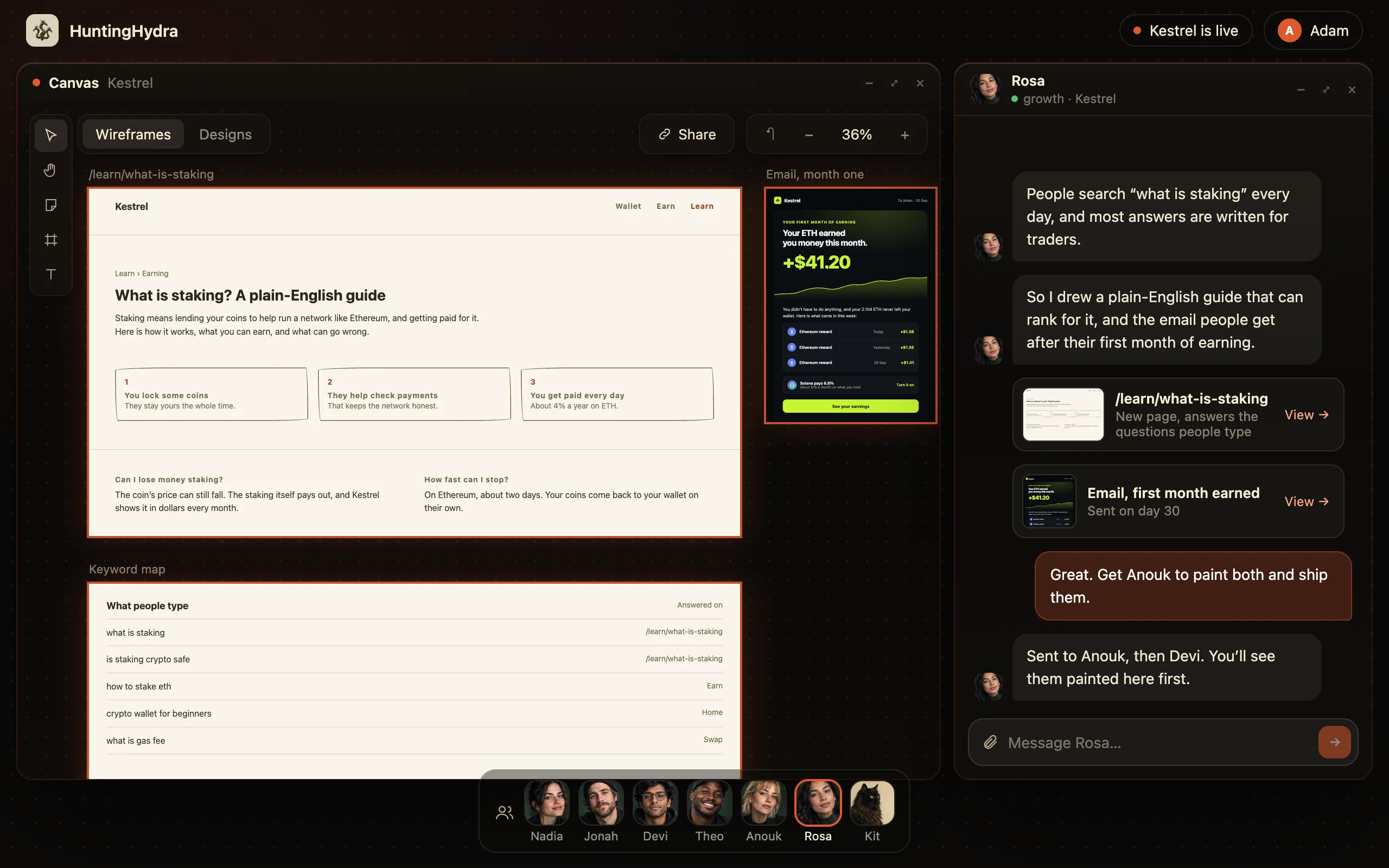 Rosa’s plain-English page on staking, drawn from what people search for, with the month-one email beside it
